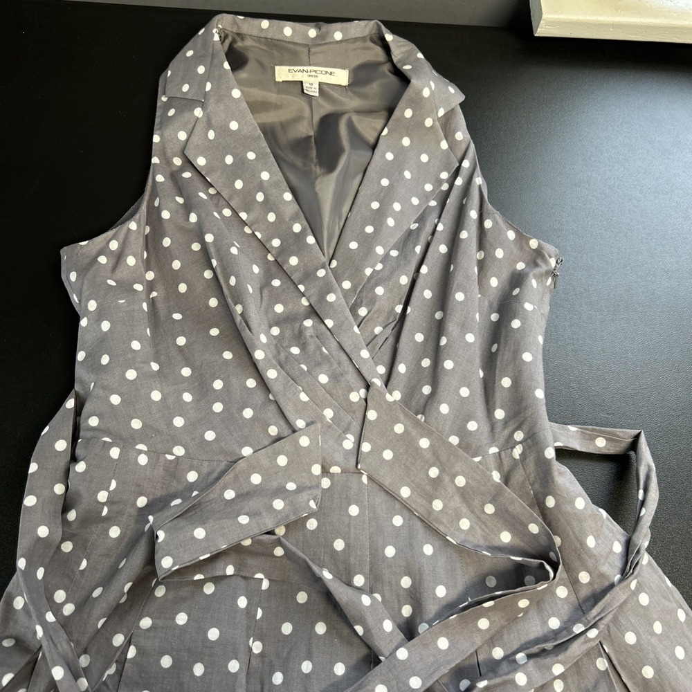 Evan Picone Women's 10 Gray White Polka Dot Dress Belted Sleeveless Collar Zip‎ - Picture 9 of 16